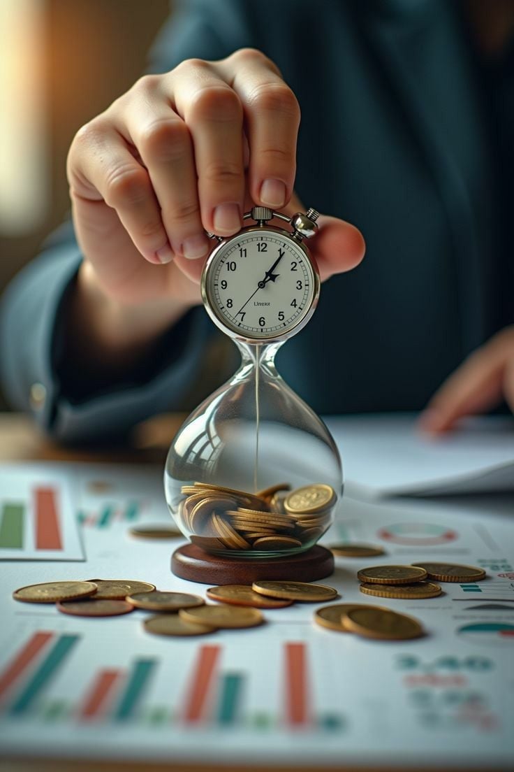 Person holding an hourglass filled with coins above a desk with financial charts and scattered money, symbolizing time and money management