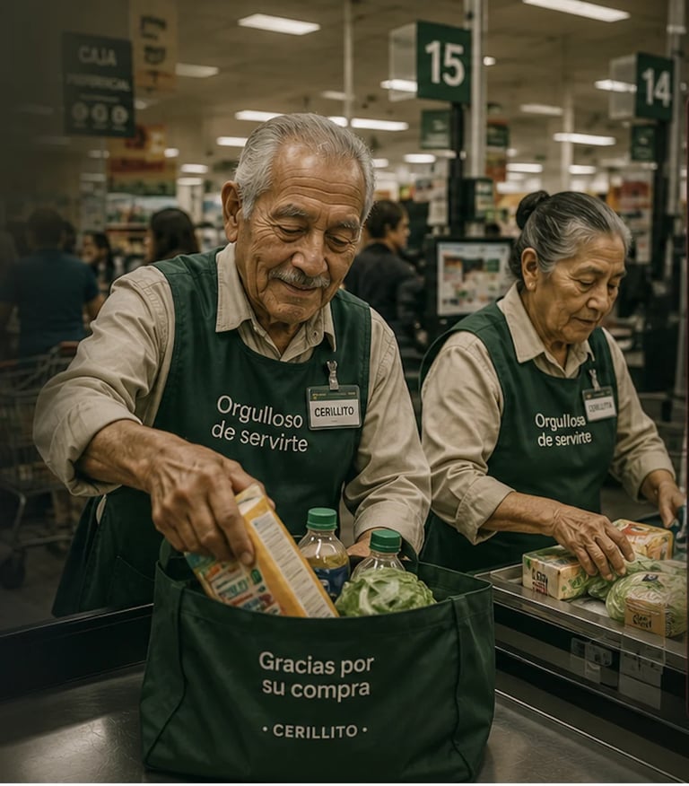 Two elderly workers in supermarket uniforms assist a customer at checkout counter with statistic showing 70% of seniors in Mexico lack pension