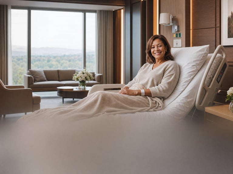 Woman sitting on a bed in a luxury hotel room with city views and modern furnishings