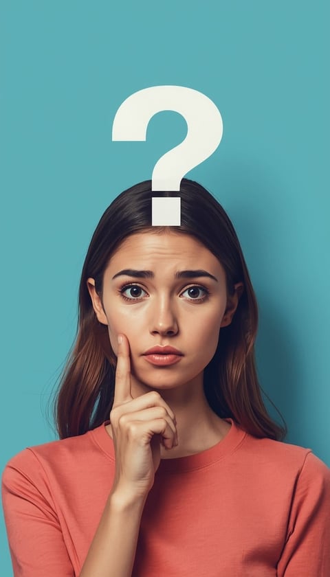 Woman in coral shirt with thoughtful expression against turquoise background with large white question mark above her head