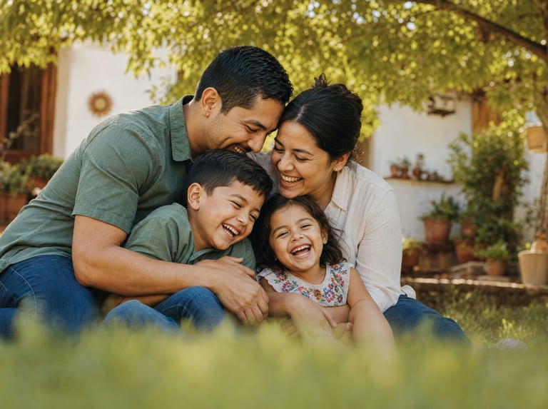 Happy family of four embracing outdoors in a garden setting with ivy-covered patio background