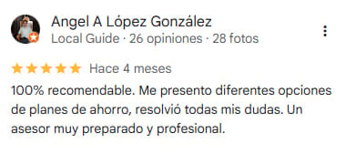 Angel A López González 5-star review praising savings plans advice