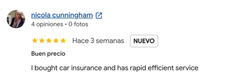 A 5-star review from Nicola Cunningham about car insurance with good service, posted 3 weeks ago