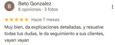 Beto Gonzalez 5-star review praising detailed explanations and customer service
