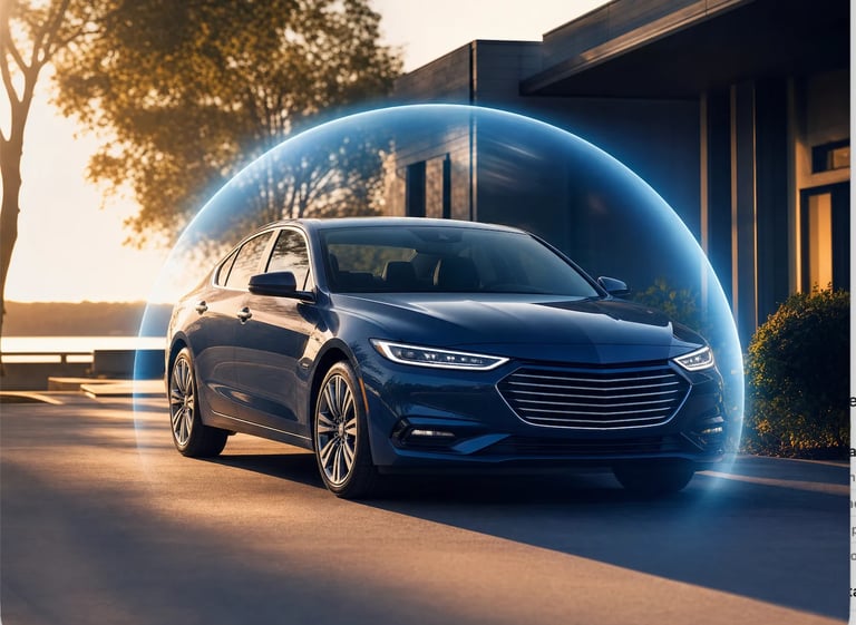Blue sedan with glowing digital sphere overlay parked outside modern home at sunset