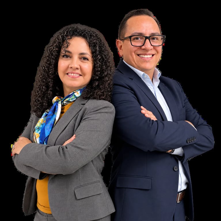 Two professional business people standing back-to-back with arms crossed, smiling at camera against black background