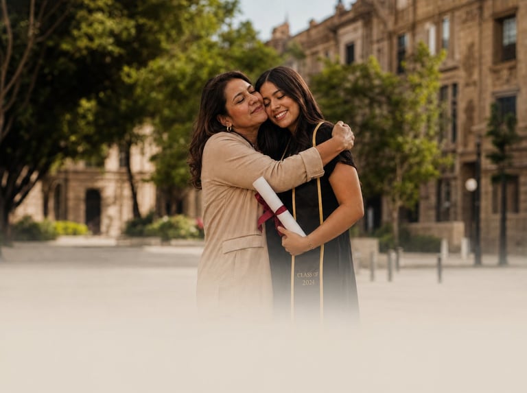 Two women hugging and smiling in an urban courtyard with historic stone buildings and trees in the background