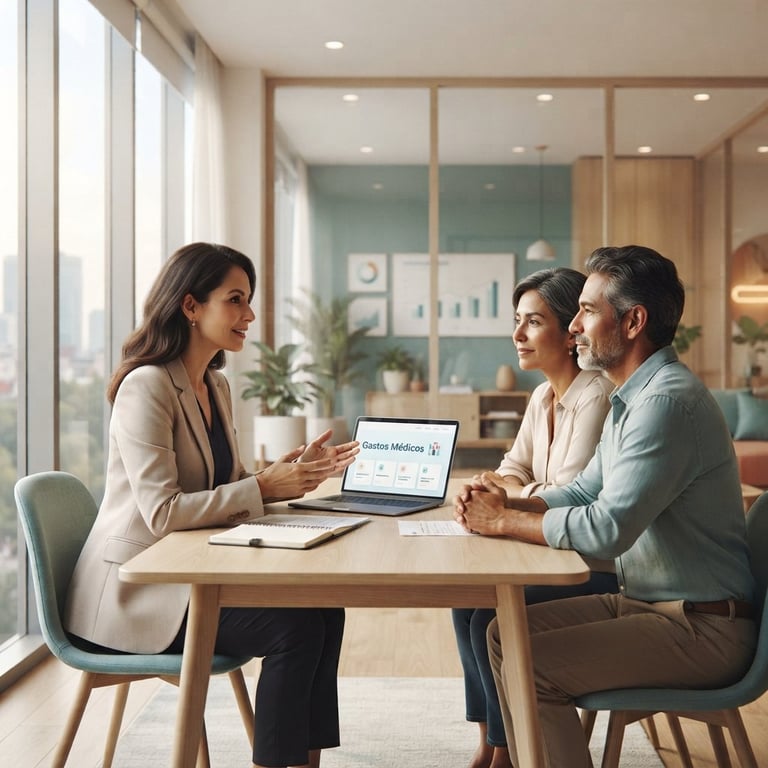 Three professionals having a business meeting at a table with a laptop in a modern office with glass partitions and large windows