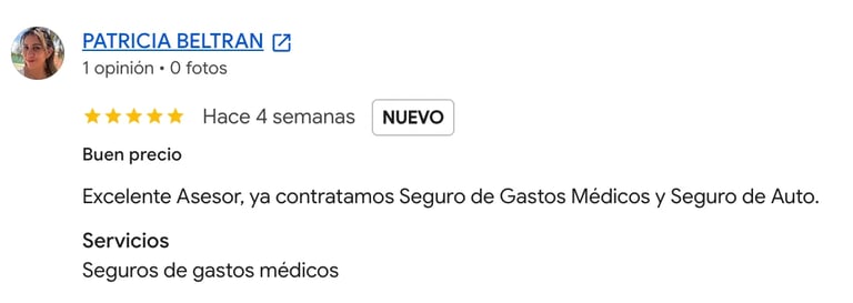 Review from Patricia Beltran rating medical and auto insurance as excellent, posted 4 weeks ago