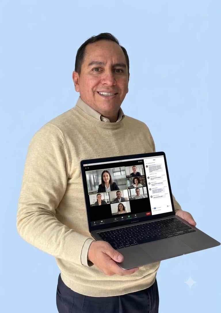 Man in beige sweater holding laptop displaying video conference with multiple participants on blue background