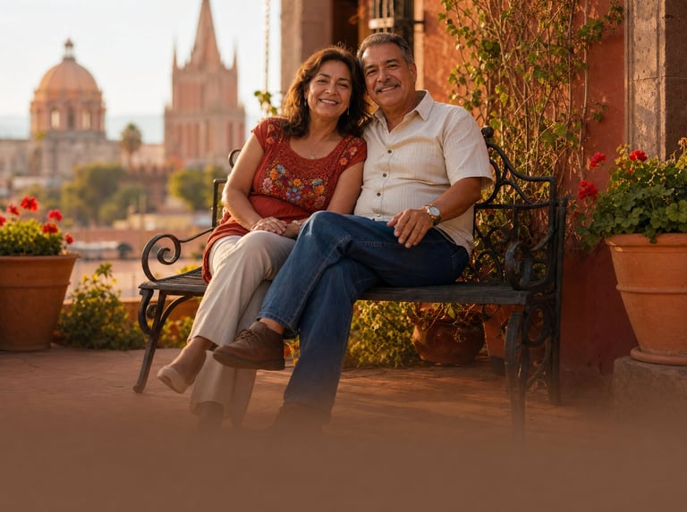 Couple sitting on a bench on a terrace overlooking a colonial city with a cathedral in the background