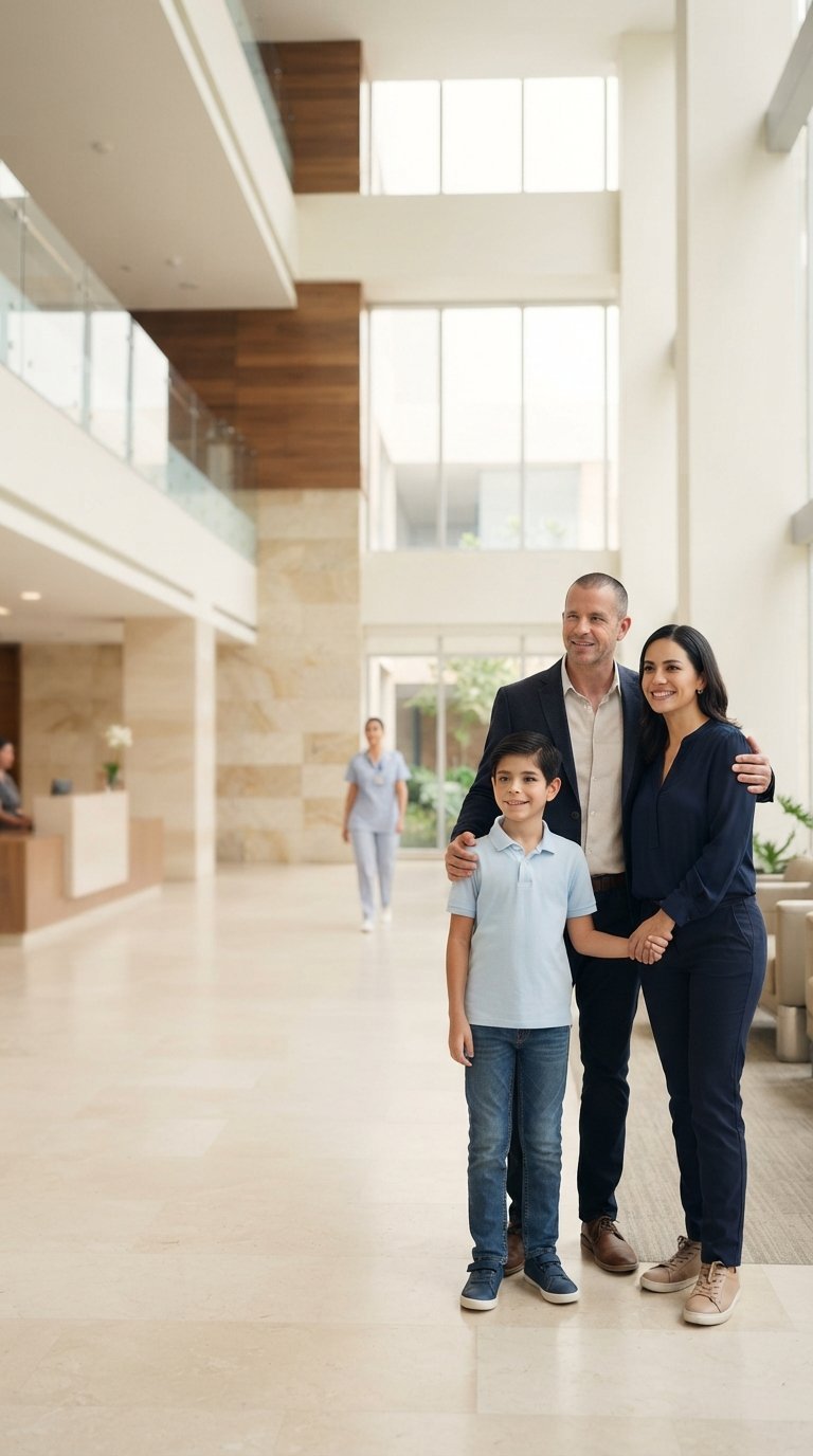 Family of three stands together in a modern, bright lobby with high ceilings, large windows, and wooden ceiling accents.